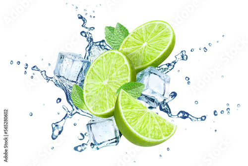 Fresh limes  mint leaves  ice cubes and water splashes  isolated on white background