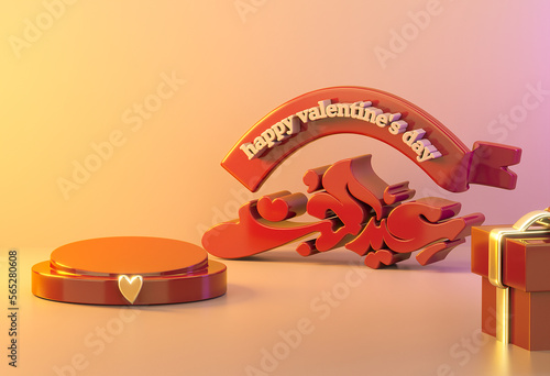 3d happy valentine Arabic typography text with happy Valentin's day English text with product display with cute heart 3d rendering (ID: 565280608)