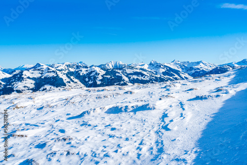 Wintry landscape on Hahnenkamm mountain in Austrian Alps in Kitzbuhel. Winter in Austria © beataaldridge