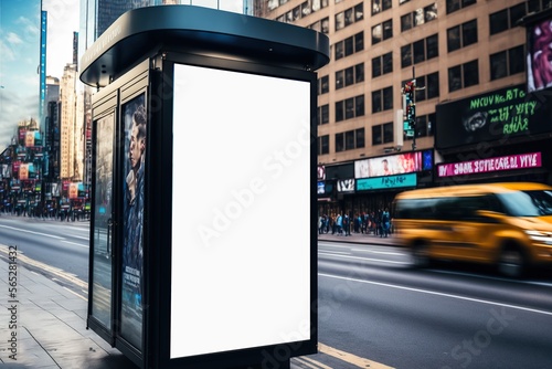 Vertical blank white billboard at bus stop on city street. In the background buildings and road. Mock up. Poster on street next to roadway. , Generative ai