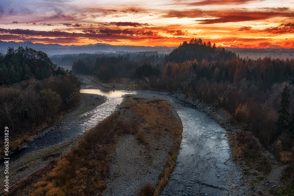 aerial view of the Białka Tatrzańska river gorge at sunset, with mountains in the background, High Tatras, Podhale