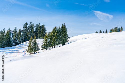 Wintry landscape on Hahnenkamm mountain in Austrian Alps in Kitzbuhel. Winter in Austria © beataaldridge