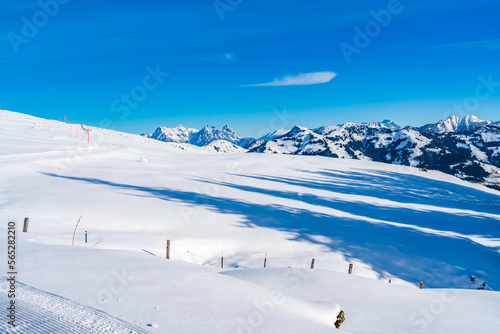 Wintry landscape on Hahnenkamm mountain in Austrian Alps in Kitzbuhel. Winter in Austria