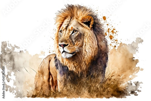 African comical safari animal mascot, funny friendly welcoming lion for kids and youngsters. a watercolor styled, isolated lion