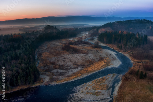 aerial view of the gorge of the Bialka Tatrzanska river at sunset, Podhale