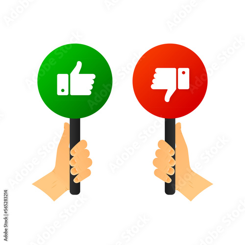 A hand holds a signboard with a green thumbs up and a red thumbs down. Right and wrong for feedback. Not a decisive poll. Voting concept. Vector illustration.