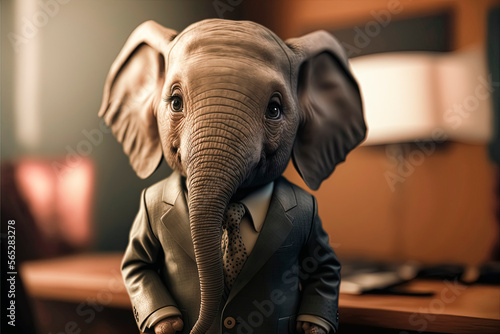 Adorable Elephant in a Business Suit, Close-Up Office Shot, Business Professional