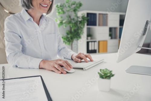 Cropped photo portrait of professional elderly mature lady start up boss toothy smile sit armchair typing keyboard modern interior office © deagreez
