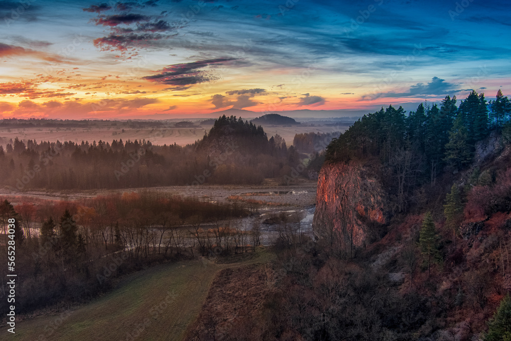 aerial view of the gorge of the Bialka Tatrzanska river at sunset, Podhale