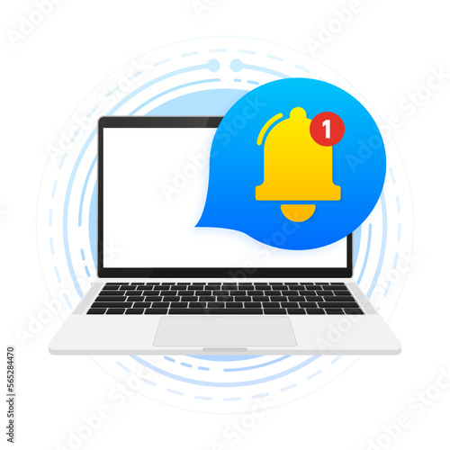 New Notification on laptop screen. Laptop with notification bell. Unread Notification Message bubble. Messaging spam, problems notifications. Vector illustration.