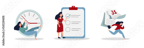 Time managemant. Woman organizes work schedule. Character create to do list. Girl run against background of tear off calendar. Flat vector illustration set