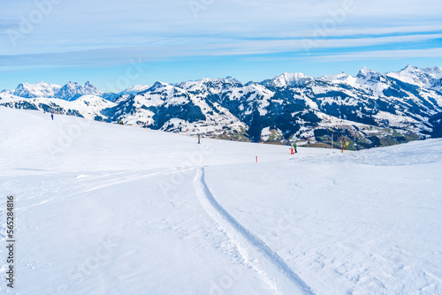 Wintry landscape on Hahnenkamm mountain in Austrian Alps in Kitzbuhel. Winter in Austria