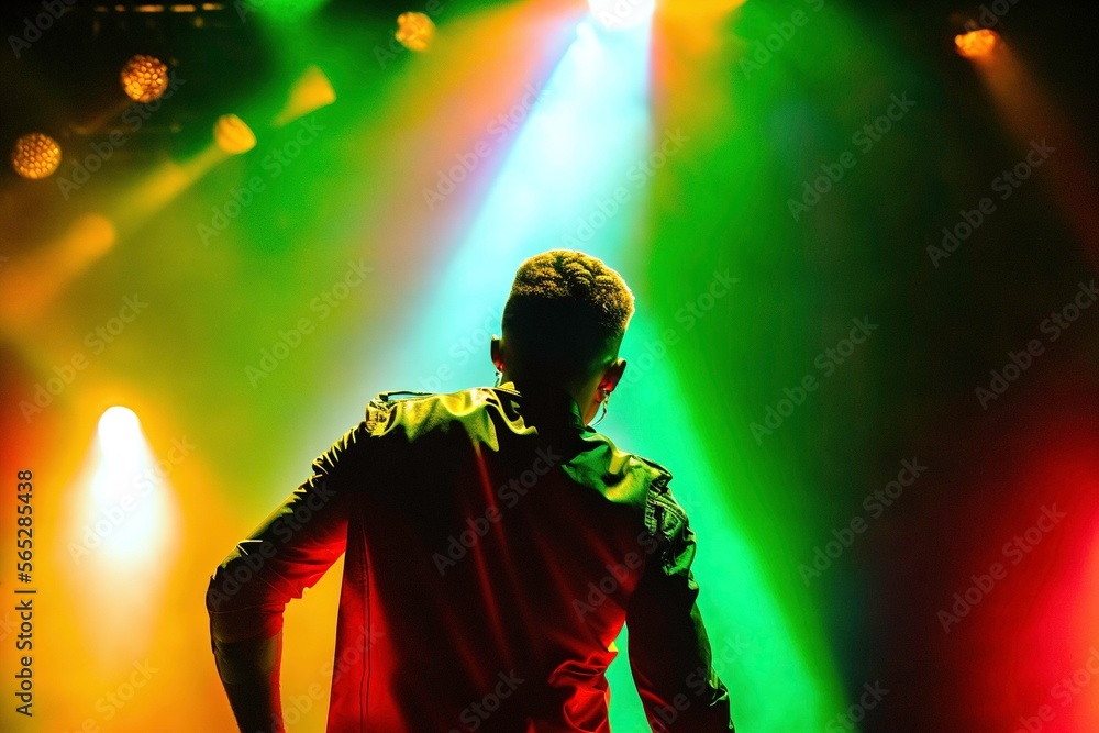Silhuette of back of a male singer on stage lighted by a spotlight Silhuette of back of a male singer on stage lighted by a spotlight