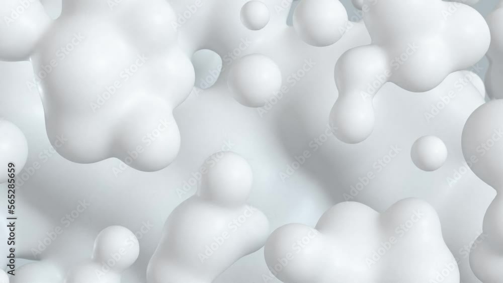 3D animation - Fluid abstract white spheres that float and blend with looping animated motion