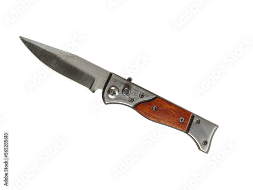 Pocket folding knife with wooden handle isolated on transparent background