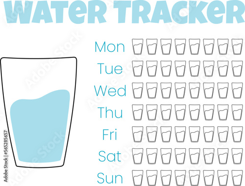 Water tracker vector template. . drinking water checklist. Water tracker with cool water glass. vector illustration. Doodle style.