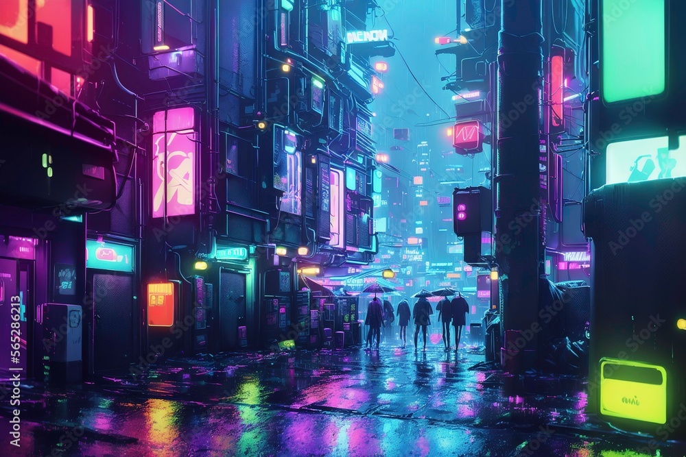 Illustration of a neon rainy cyberpunk city at night, people on the streets with umbrellas