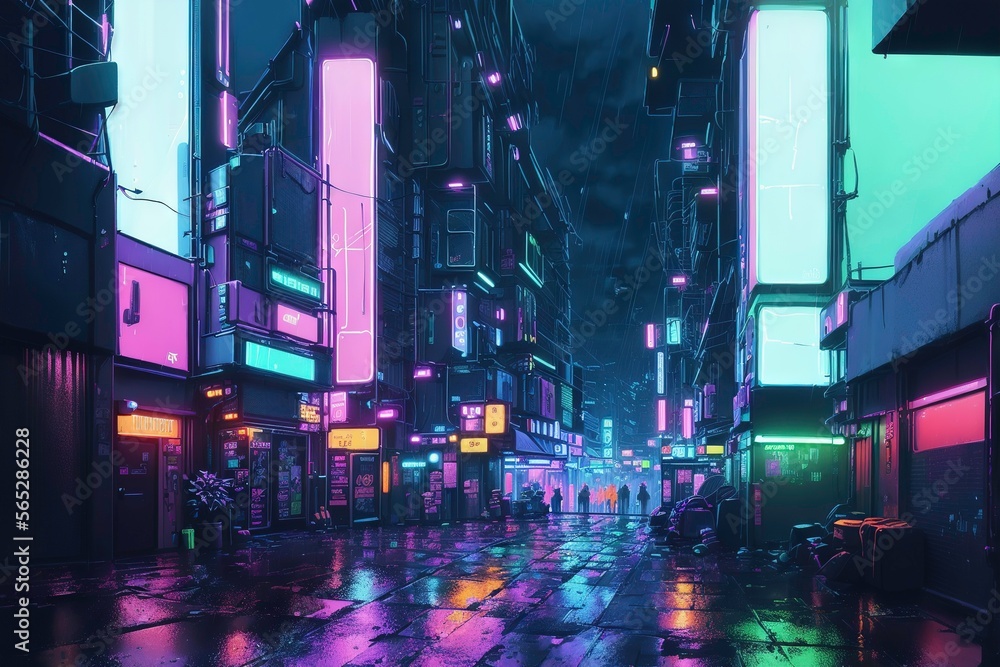 Illustration of a emtpy neon rainy cyberpunk city at night