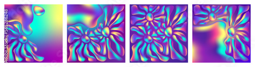 Fluid flowers in a neon light. Iridescent spots of gasoline. Set of psychedelic covers. Vector illustration