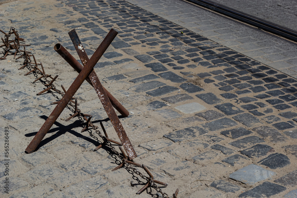 Iron hedgehog. Antitank barrier. Military industry. Block on the road