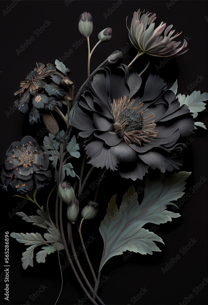 Black flower. Centerpiece and decoration bouquet. Full black. Total black. Plenty of black. Ai generated.