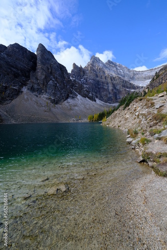 Lake Agnes has a breathtaking landscape with the mountains surrounding it. Alberta  Canada