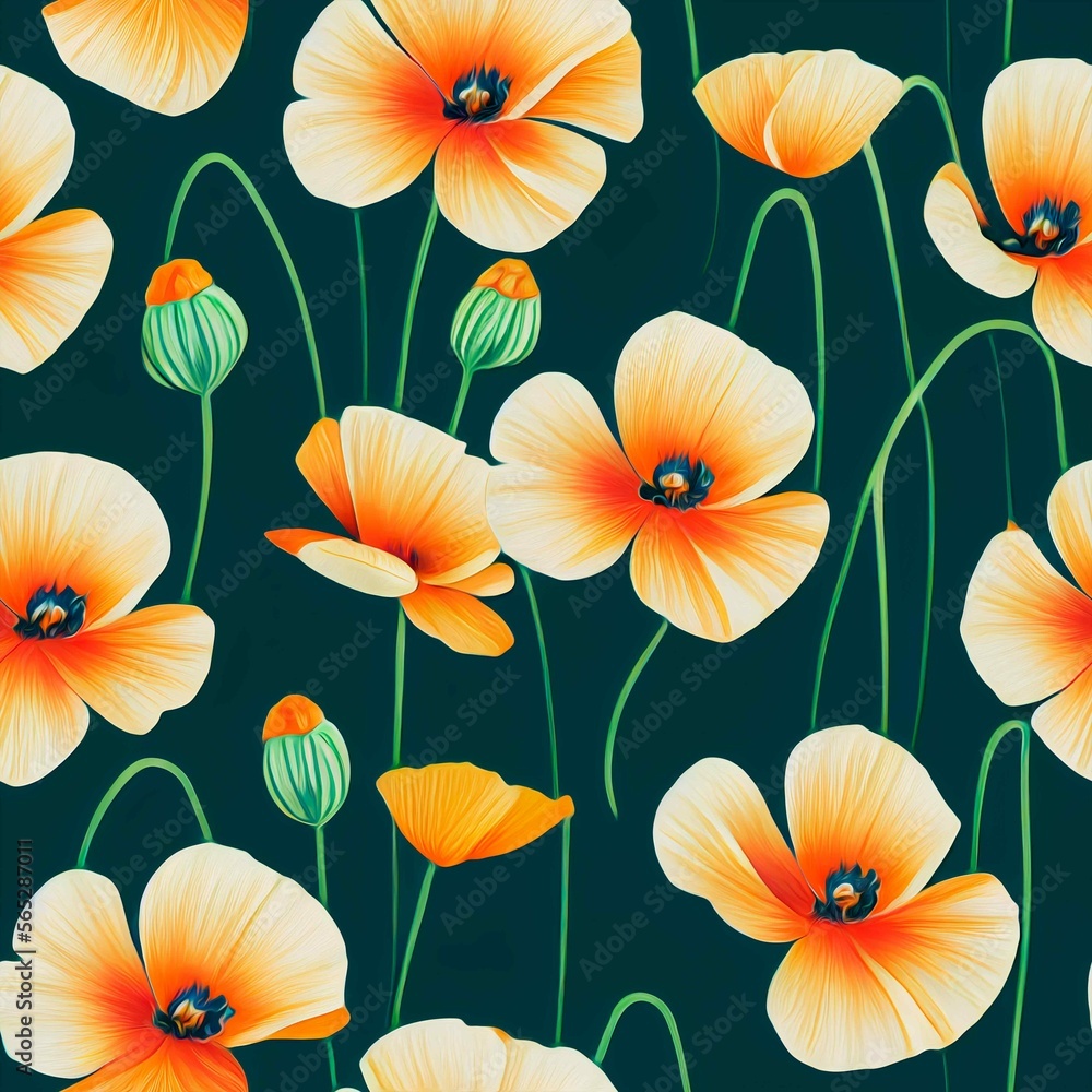Fototapeta premium California poppy seamless flower pattern. Hand painted watercolor floral background.