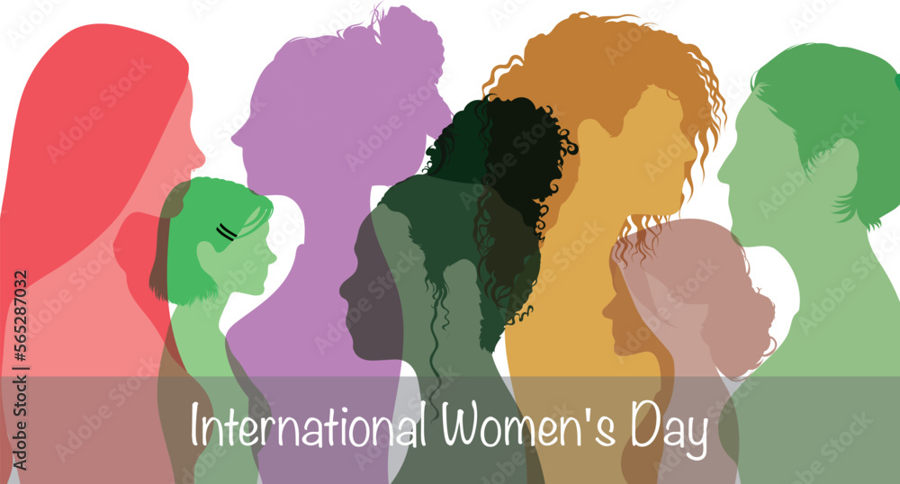 International Women Day. Group of women from different ethnicities stands together.  Flat vector illustration	