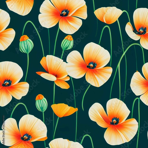 California poppy seamless flower pattern. Hand painted watercolor floral background.