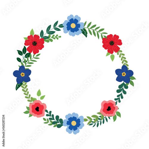 Festive 4th of July floral wreath with red and blue flowers. Independence Day decor for cards design