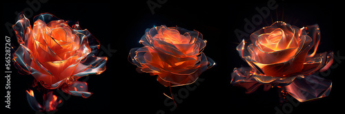 Set of three images of a red crystal rose on a black background