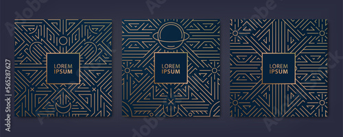 Vector set of luxury cover templates, square line art deco patterns. Fancy design elements planet and moon phases ornament. Use for wallpaper, cards, posters, fortune telling, tarot.