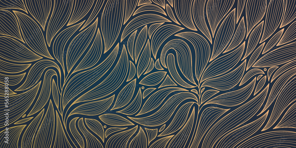 Vector golden leaves botanical modern, art deco wallpaper background pattern. Line design for interior design, textile, texture, poster, package, wrappers, gifts. Luxury. Japanese style. - obrazy, fototapety, plakaty 