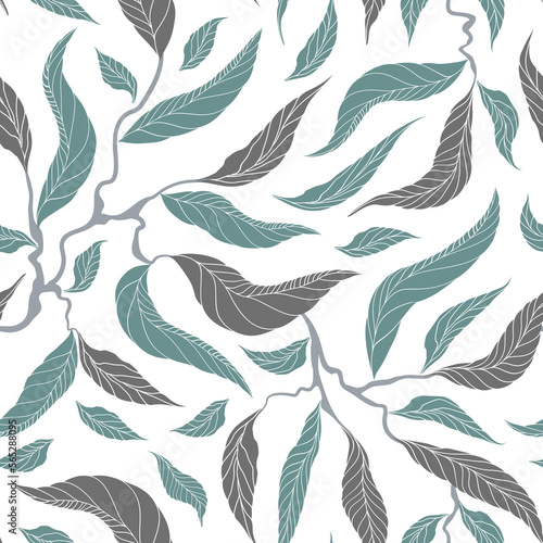 Seamless floral pattern with leaves and branches in muted shades of blue and gray on a square white background.