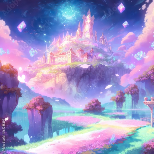 Fantasy castle digital art painting illustration in glowing colourful theme. Generative AI.