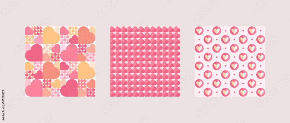 Geometric abstract background. Vector illustration set. Collection regular of pink color heart shape texture for seamless backdrop. Design for valentines day, wedding textile and wrapping paper.