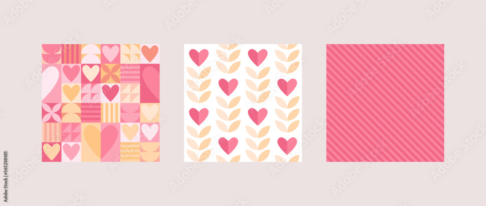 Geometric abstract background. Vector illustration set. Collection of pink and yellow color heart shape texture for seamless backdrop. Design for valentines day, wedding textile and wrapping paper. Geometric abstract background. Vector illustration set. Collection of pink and yellow color heart shape texture for seamless backdrop. Design for valentines day, wedding textile and wrapping paper.