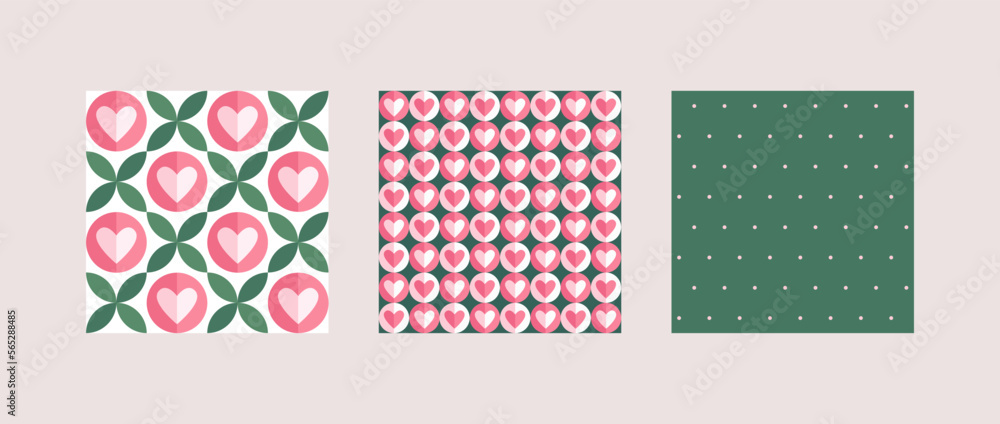 Geometric abstract background. Vector illustration set. Collection of pink and green color heart shape pattern for seamless backdrop. Design for valentines day, wedding textile and wrapping paper.