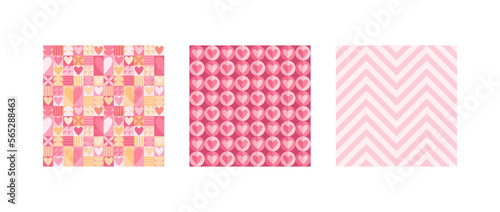 Geometric abstract background. Vector colorful illustration set. Collection of pink color heart shape texture for seamless backdrop. Design for valentines day, wedding textile and wrapping paper.