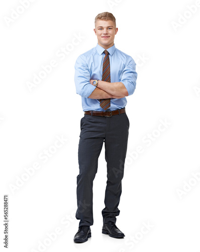 Full length shot of a young businessman wearing a tie and formal shirt posing with his hands folded isolated on a PNG background. photo