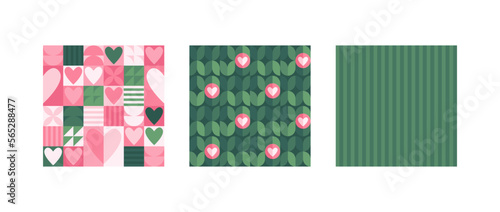 Geometric abstract background. Vector illustration set. Collection of pink and green color heart shape texture for seamless backdrop. Design for valentines day, wedding textile and wrapping paper.