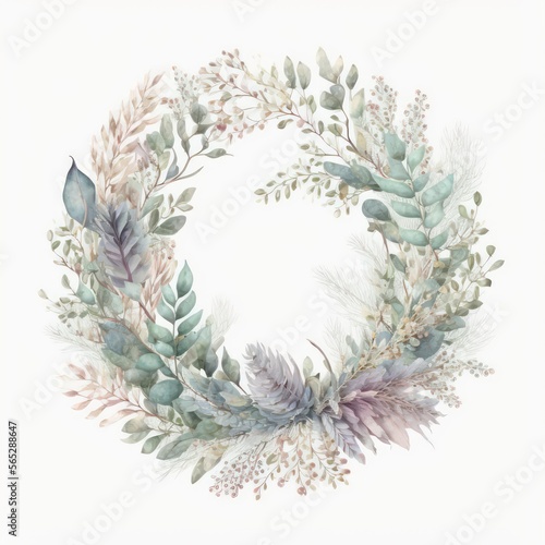 Beautiful foliage watercolour wreath isolated on white background. Flowers wreath for wedding card. Generativa AI.