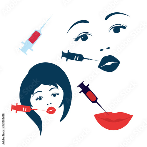 Botox for women. Botox of the lips. Vector set. Female face and injection
