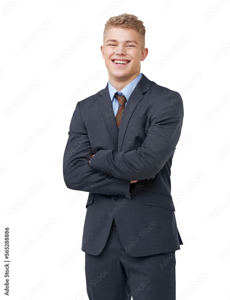 Portrait of a jolly young businessman standing with his hands crossed and smiling Isolated on a PNG background. Portrait of a jolly young businessman standing with his hands crossed and smiling Isolated on a PNG background.