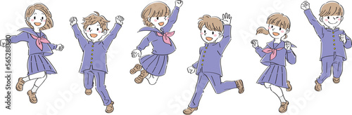 笑顔でジャンプする制服の男子と女子