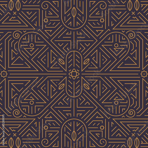 Vector art deco gold black seamless pattern. Geometric line vintage motif with leaves and swirls. Elegant, fancy luxury design for wallpaper print, packaging, wrapping paper, package, wedding gift.