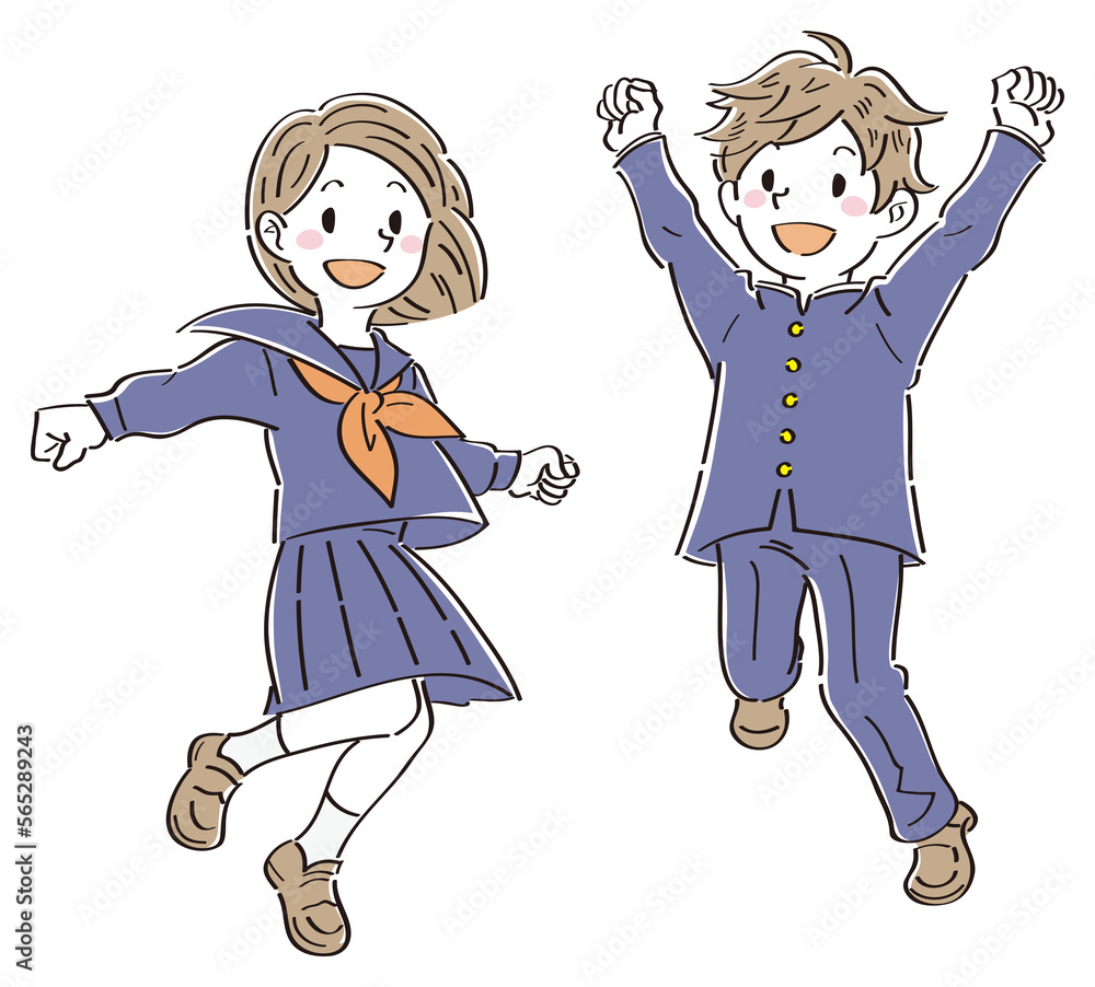 笑顔でジャンプする制服の男子と女子