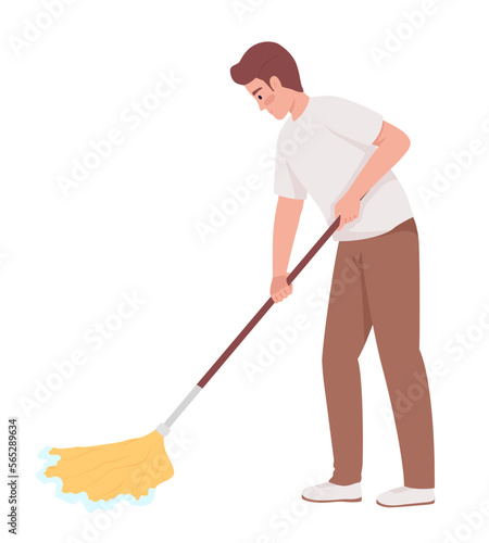 Man cleaning floor with mop semi flat color vector character. Domestic chore. Editable figure. Full body person on white. Simple cartoon style illustration for web graphic design and animation