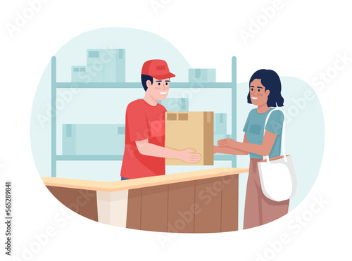 Local post office 2D vector isolated illustration. Female consumer picking up parcel from employee flat characters on cartoon background. Colorful editable scene for mobile, website, presentation