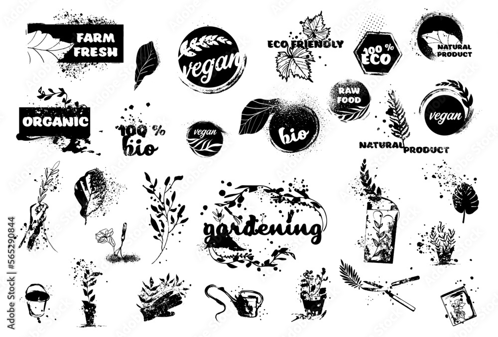 Obraz premium Big collection of bio, vegan, organic, raw, eco and healthy logos, labels, icons and badges. Hand drawn vector set. Colored trendy illustration. Great effect structure. Universally usable.